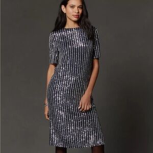 NWT Anthropologie Flat White Short-Sleeve Sequin Stripe Midi Dress Size Small